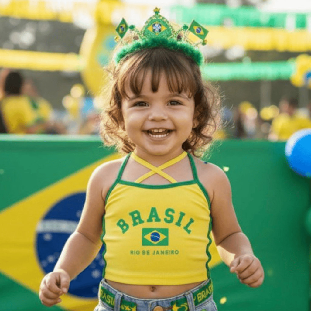 Biquini infantil menina blusa Cropeed brasil Tendencia Copa do mundo 2026 festa piscina praia verão