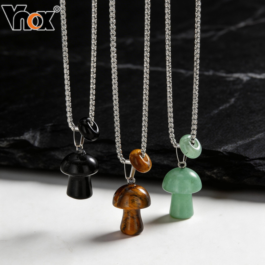 Colar Com Pingente De Cogumelo De Pedra Natural De Aço Inoxidável Vnox – Lindas Joias De Cura Hipoalergênicas Para Mulhe