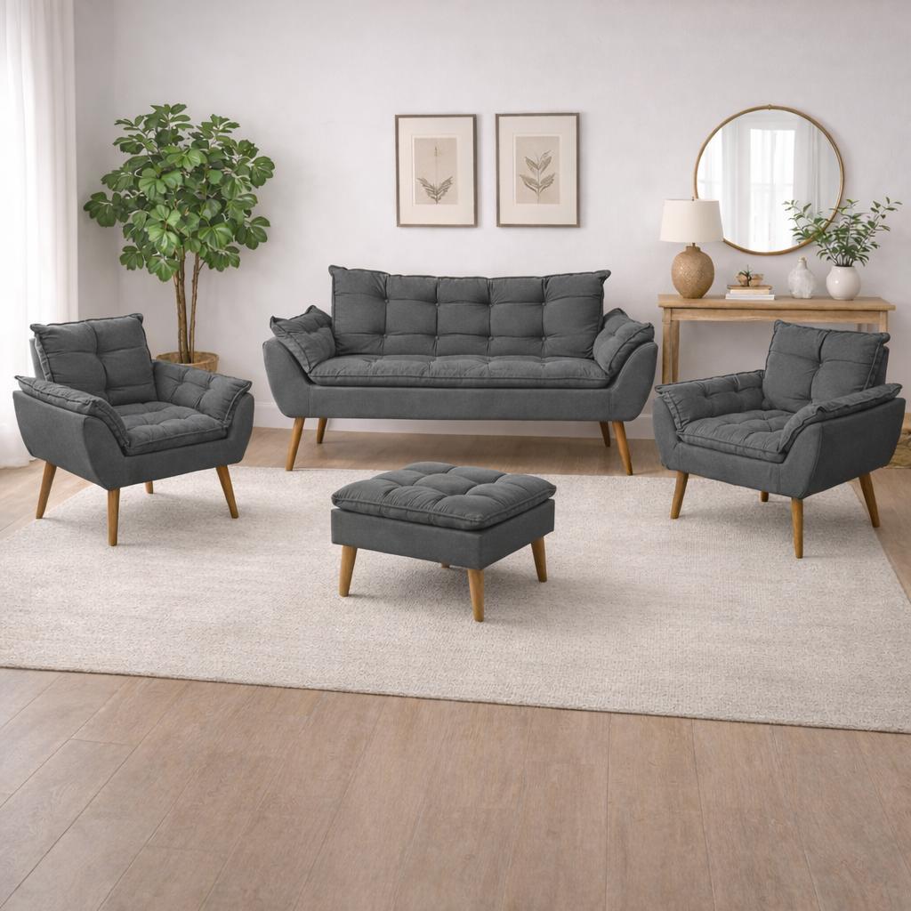 Kit 02 Poltronas + Sofá 2 lugares com Puff Opala Balaqui