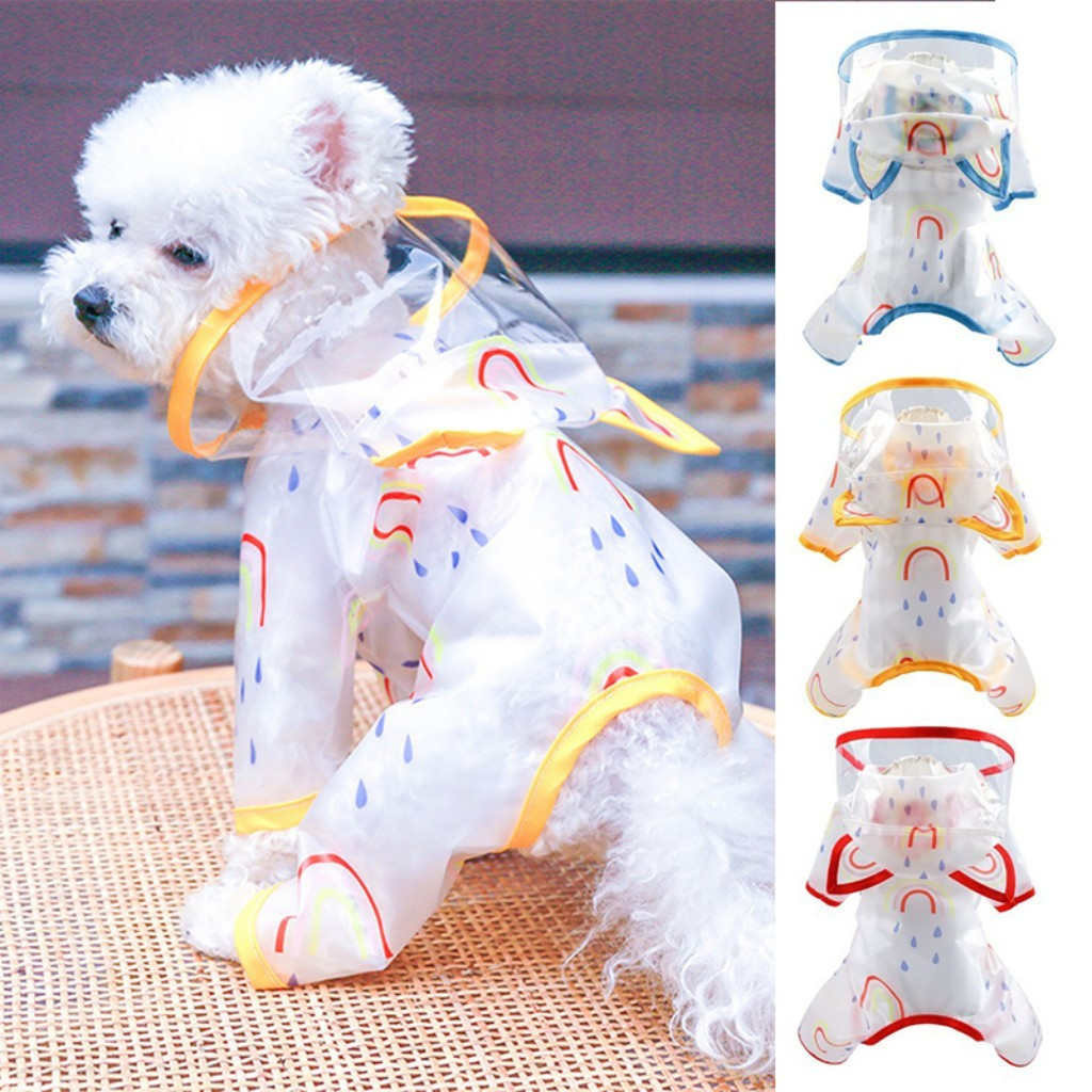 Capa De Chuva Para Cães Transparente À Prova D'água Com Capuz De Quatro Pernas Animais De Estimação Estampa Arco-Íris Pe