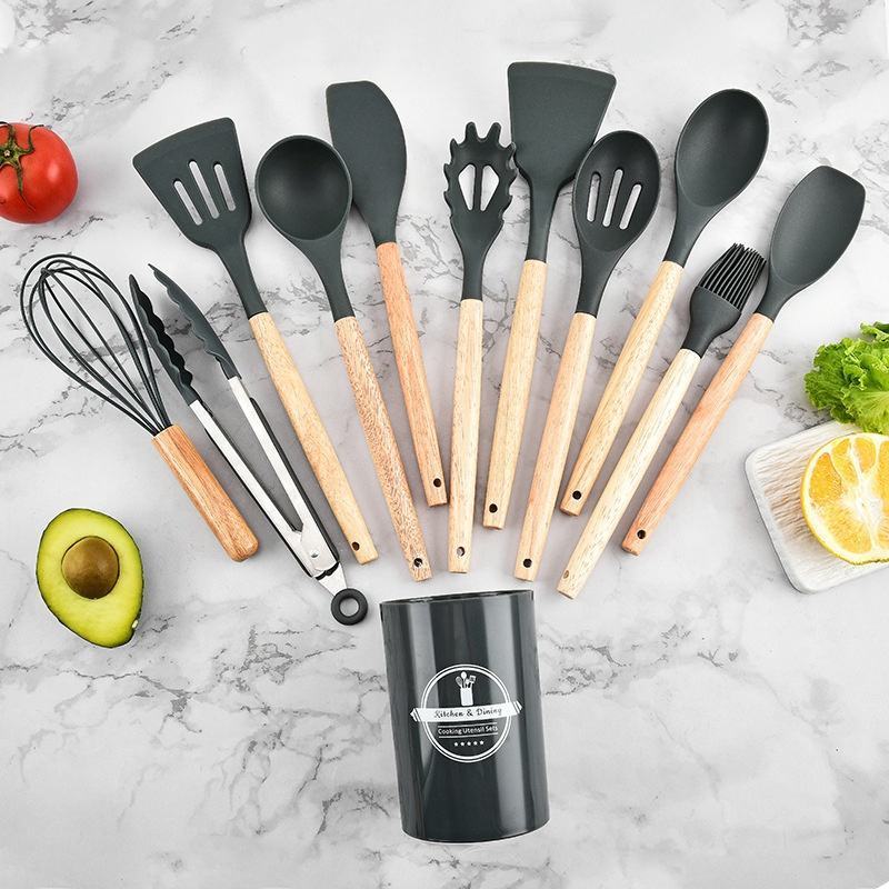 Kit de Utensílios de Cozinha em Silicone e Bambu – 12 ou 19 Peças, Resistente ao Calor TR