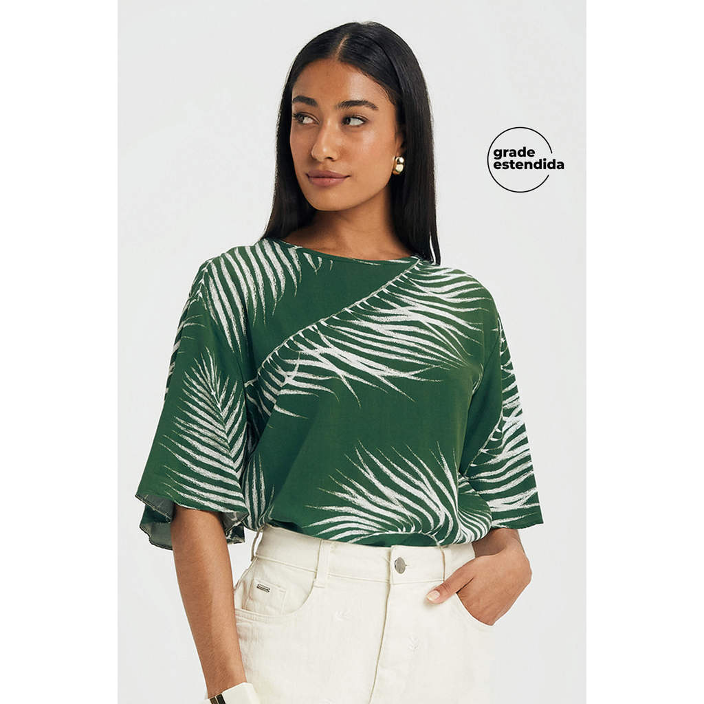 Blusa Feminina Curta Floral em Viscose Marialícia Verde