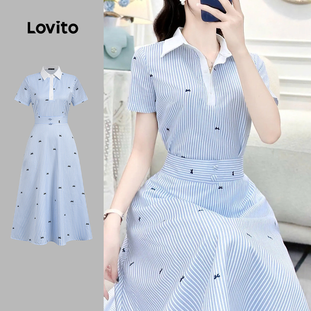 Lovito Vestido Elegante Feminina Colorblock Com Botões Azul E Branco Para a Primavera E O Verão L177ED373
