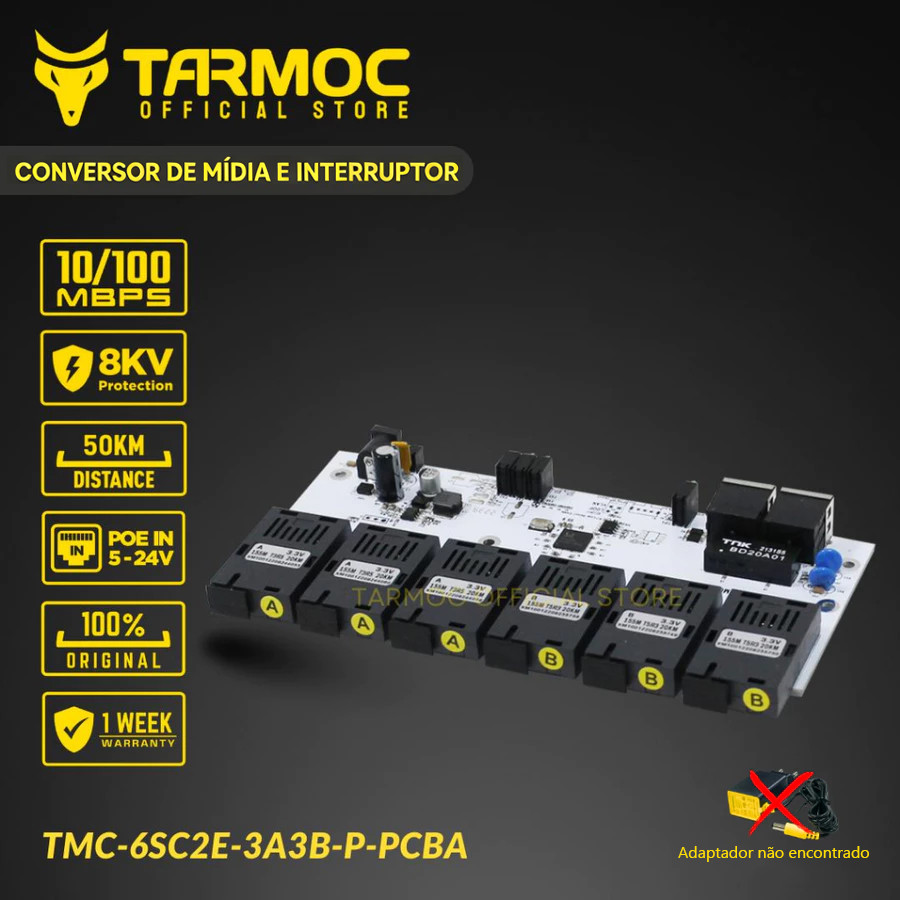 Tarmoc TMC-6SC2E-3A3B-P-PCBA PCB - Conversor de Mídia de Fibra Óptica Switch 6 SC 2 LAN / 6 FO 2 LAN 10/100 POE