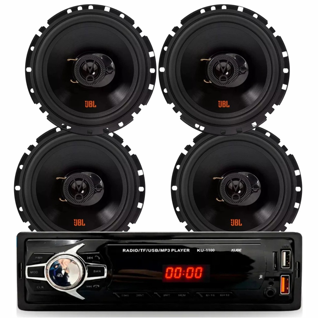 Kit Rádio Automotivo MP3 Kube KU 1100 Bluetooth + 4 Alto Falantes JBL 6 pol 6TRFX55 55W Potente