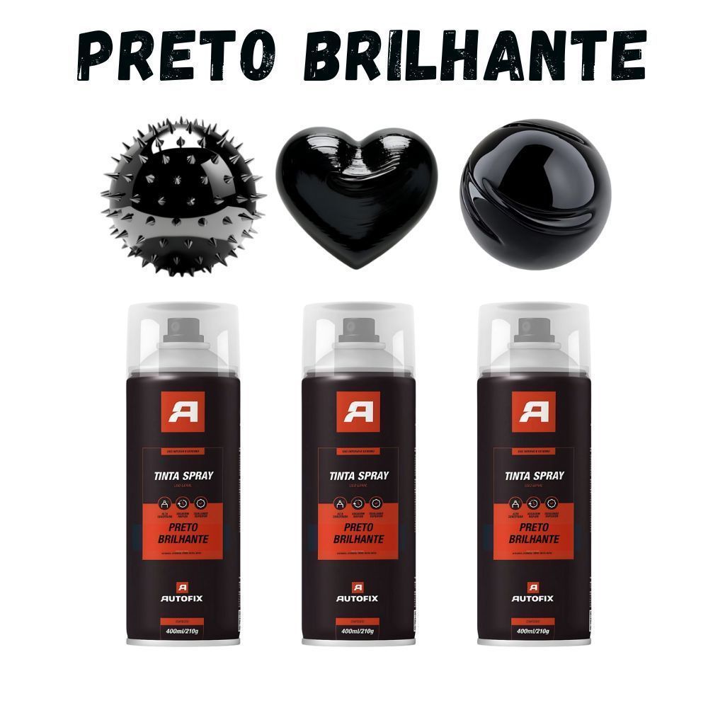 Kit 3 Tinta Spray de pintura Uso Geral 400ml - Autofix 400ml / 210g - Preto Brilhante