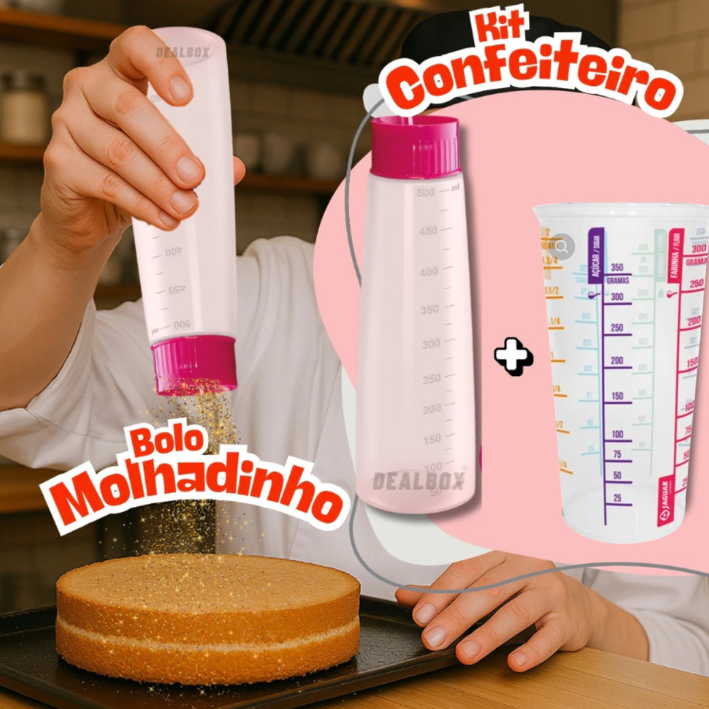 Regador Bisnaga Umedecedor de Bolo Chuveirinho + Copo Medidor 570ml Confeiteiro Massas