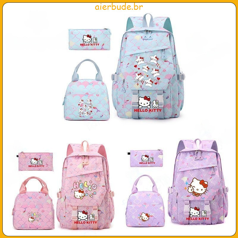 HelloKitty Bolsa escolar infantil de grande capacidade, estojo de lápis de três peças, lancheira, mochila de estudante em Oferta na Shopee