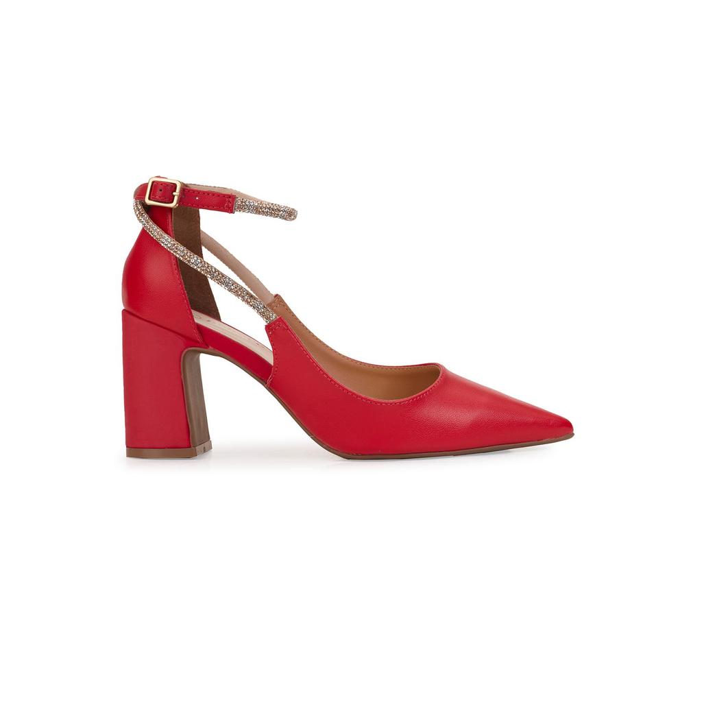 Scarpin Bebecê Salto Alto Bloco Detalhe Strass e Fivela Palmilha Comfy