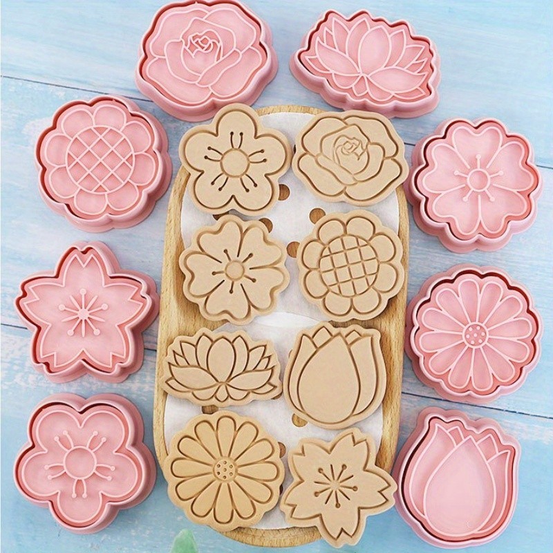 Kit Cortador e Marcador de Biscoito Floral - 8 Moldes de Flores, Ejetor Carimbo, Ferramentas Fondant para Decoração