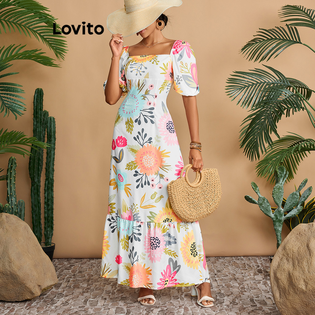 Lovito Vestido Boho Com Babados Florais E Bainha Para Verão/primavera Para Mulheres LBL20524 em Oferta na Shopee