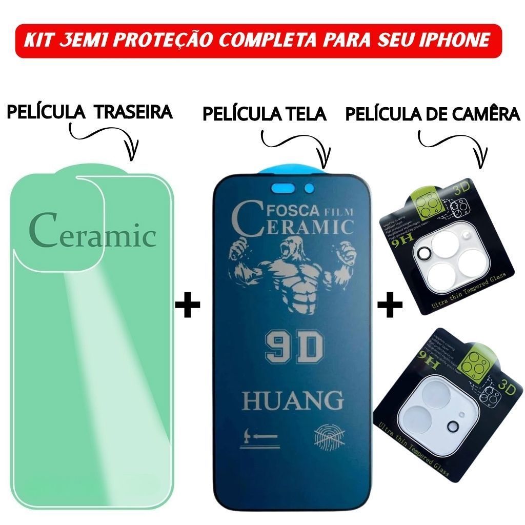 Kit 3em1 Película Traseira+Câmera Transparente+Película Cerâmica Fosca Privacidade iPhone 11 12 13 14 15 16 Pro Max em Oferta na Shopee