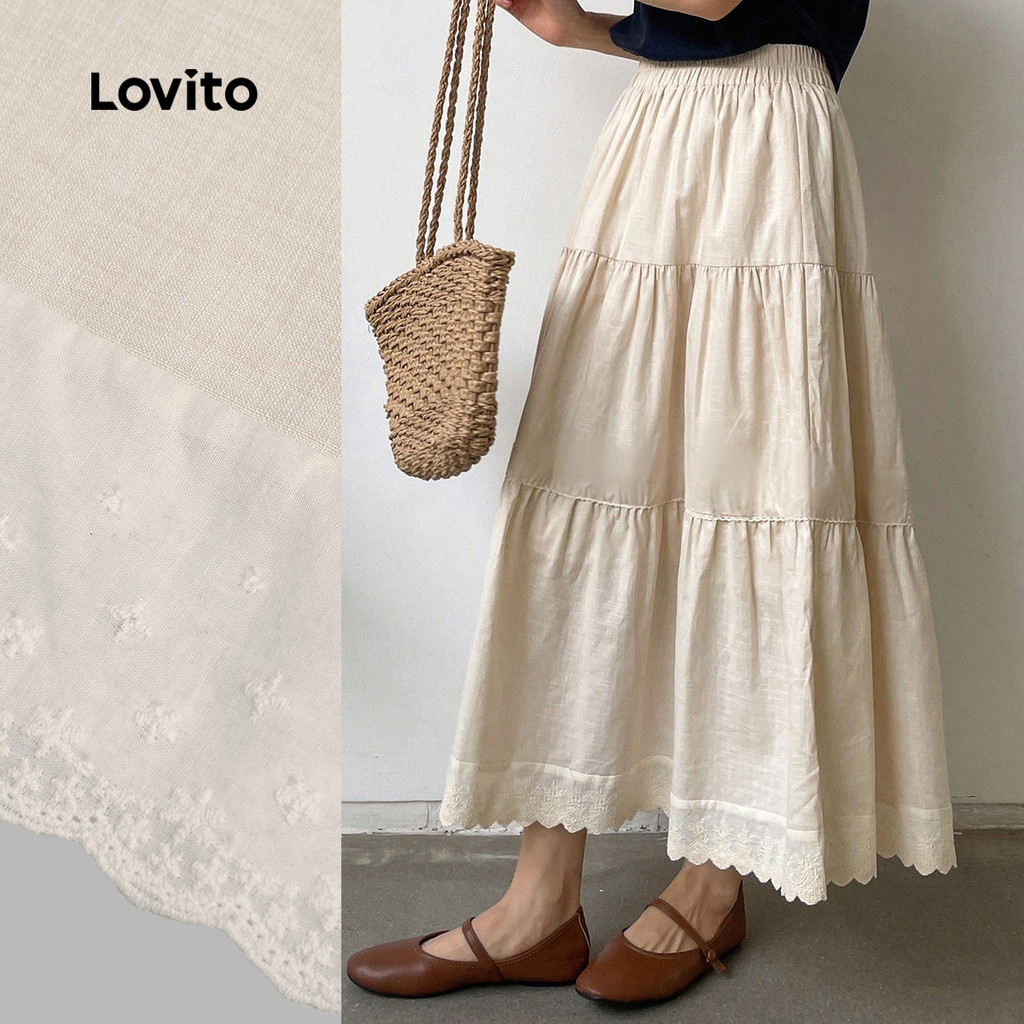 Lovito Saia Longa Casual De Linho Com Bordado Camadas De Renda Cor Damasco Ideal Para Primavera/verão LBL32087 em Oferta na Shopee