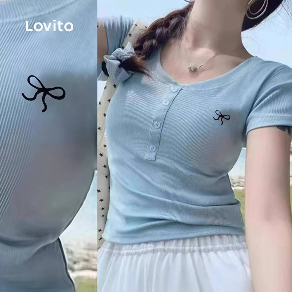 Lovito Camiseta Elegante Com Bordado Para Deslocamento Diário Azul Primavera/verão para Mulheres LNE130X025 em Oferta na Shopee