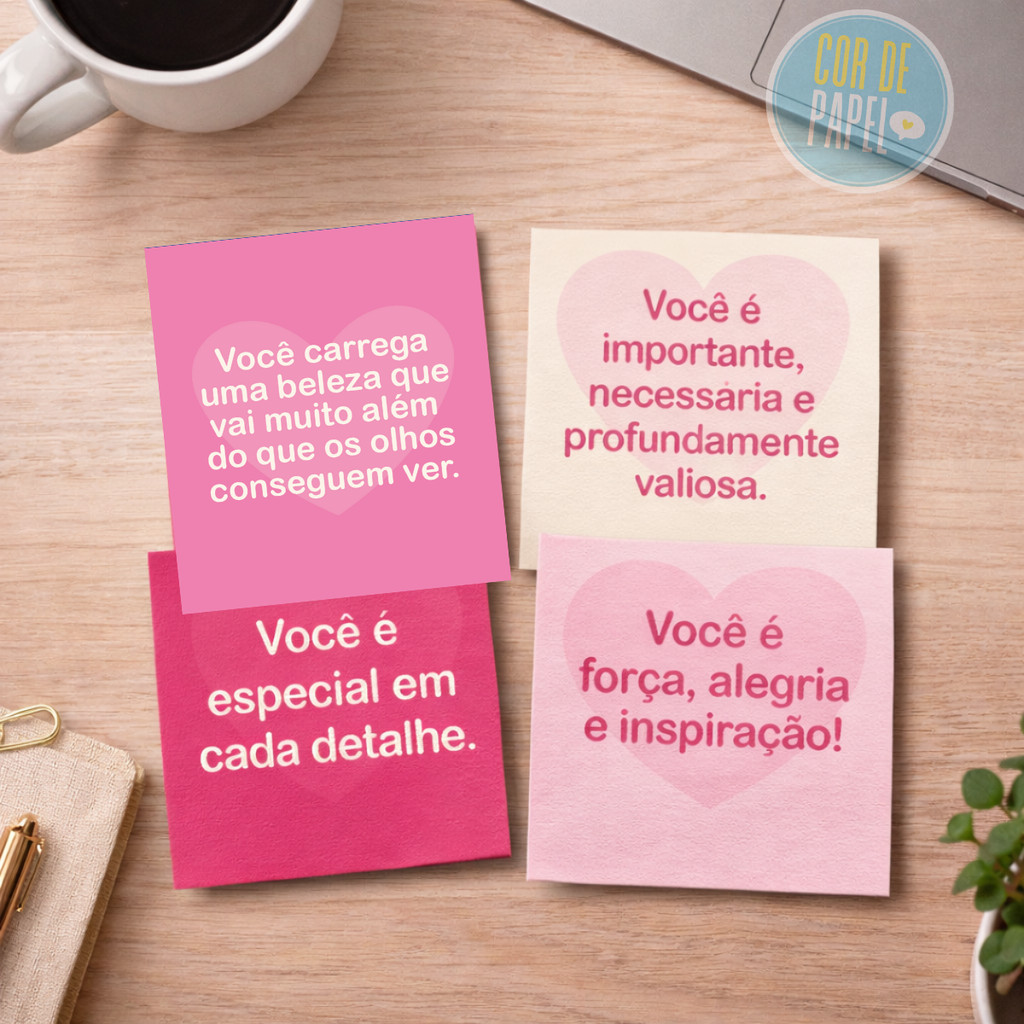 Kit Até 240 Mini Cartões Tons de Rosa Frases Motivacionais Mulher 5x5cm | Papel Couchê 250g