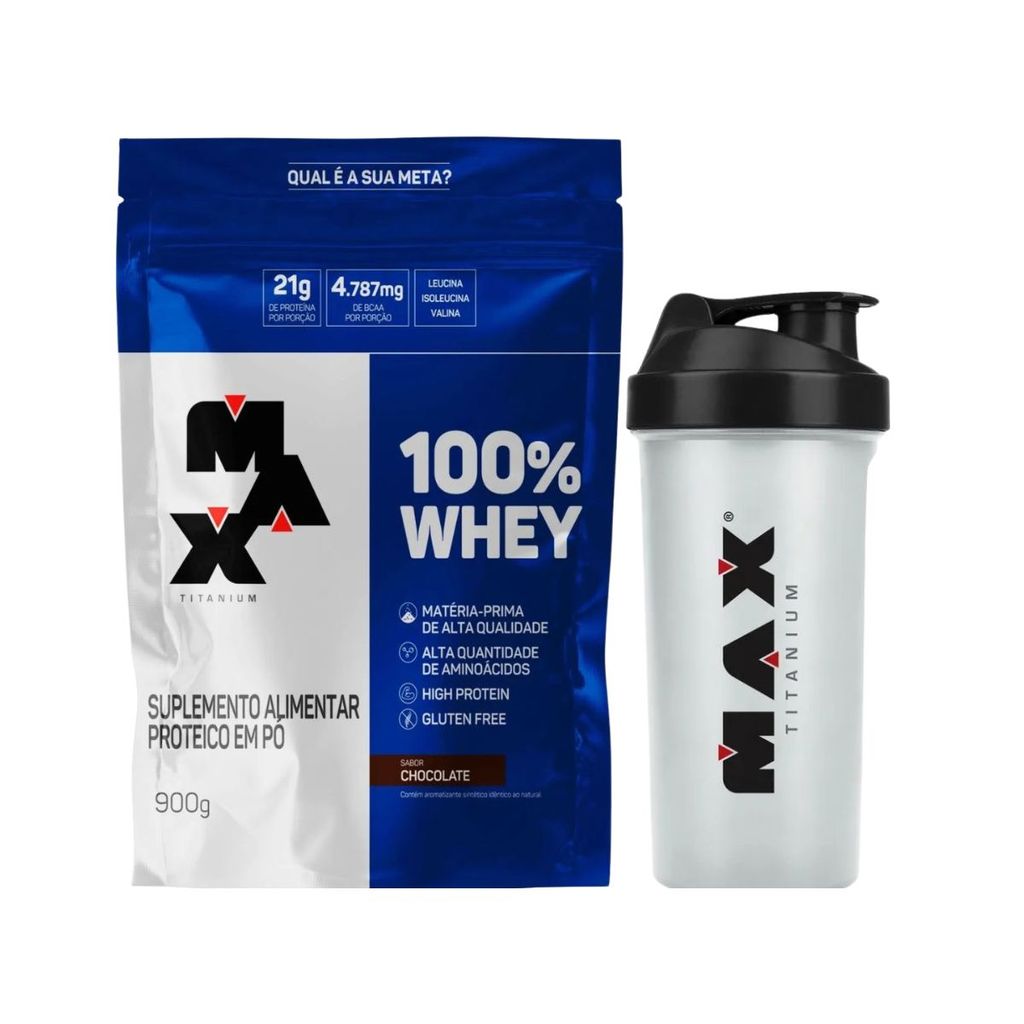 Whey Protein Concentrado Chocolate 900g Mix + Coqueteleira 700ml Max Titanium