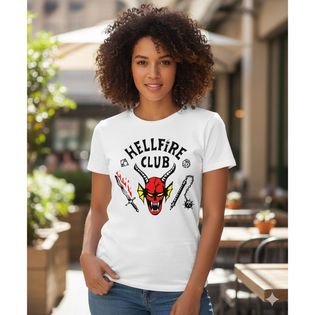 Camiseta feminino feminina menina Hellfire Stranger Things serie CMS PREMIUM
