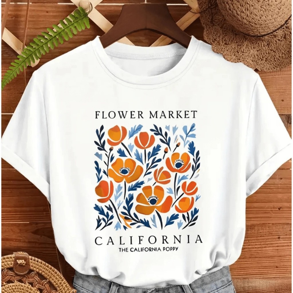 Camiseta Masculina Feminina Oversized Feminina T-Shirt de Gola Redonda Estampa Floral Vibrante Blusa Básica Algodão