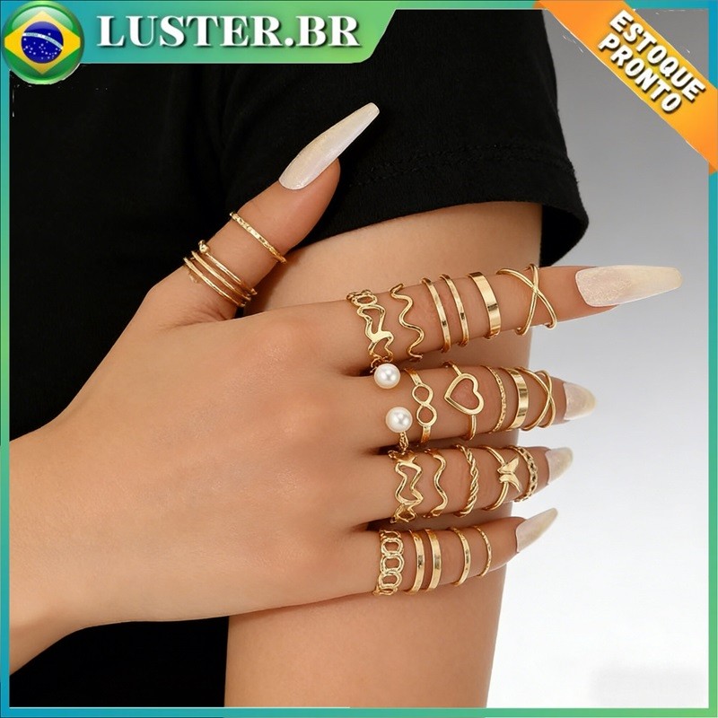 Presente Perfeito! 22 Anéis banhados a ouro 18K-Kit Mix Estilos| Anéis de formatura | Anéis para festas em Oferta na Shopee