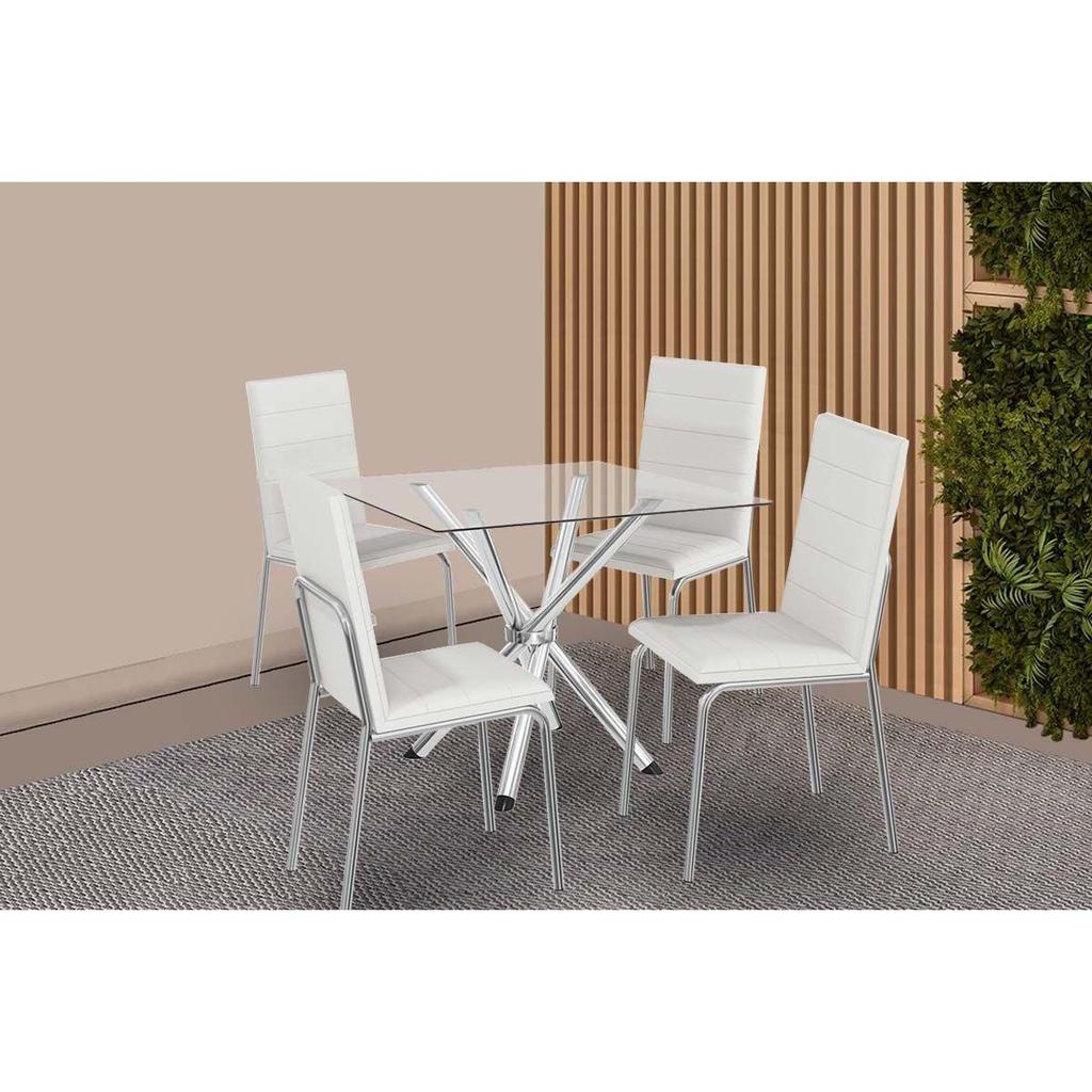 Sala de Jantar Completa Volga c/ Tampo de Vidro 90cm e 4 Cadeiras Amsterdã Cromada - Courano Branco - Kappesberg