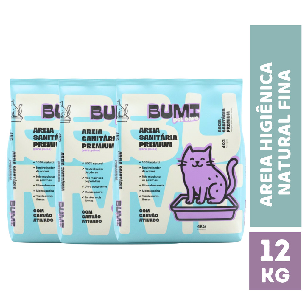 Kit Atacado Areia de Gato Biodegradável com Carvão Ativado 12kg Bumi Pet Care