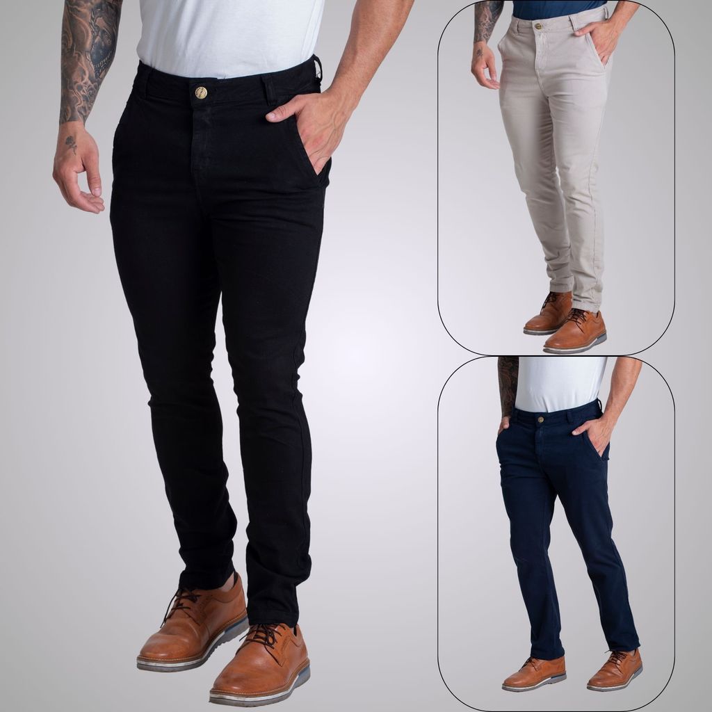Kit 3 Calça Social Sarja Brim Casual Com Elastano Masculina