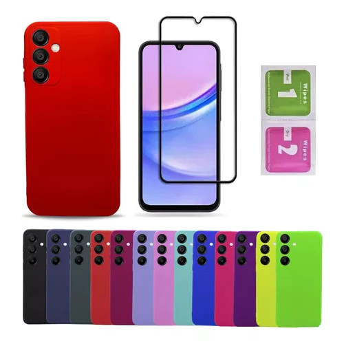 Pelicula Vidro Para Samsung A15 A07 A06 A16 A55 A56 A35 A14 A17 + Capa Silicone Aveludada
