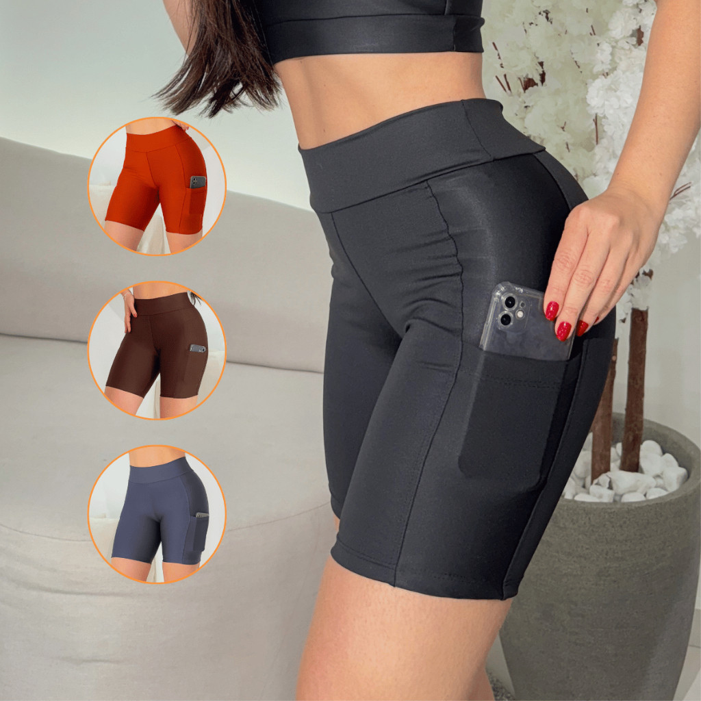 Shorts Feminino Com Bolso Suplex Fitness Short Cintura Alta Corrida Caminhada Academia