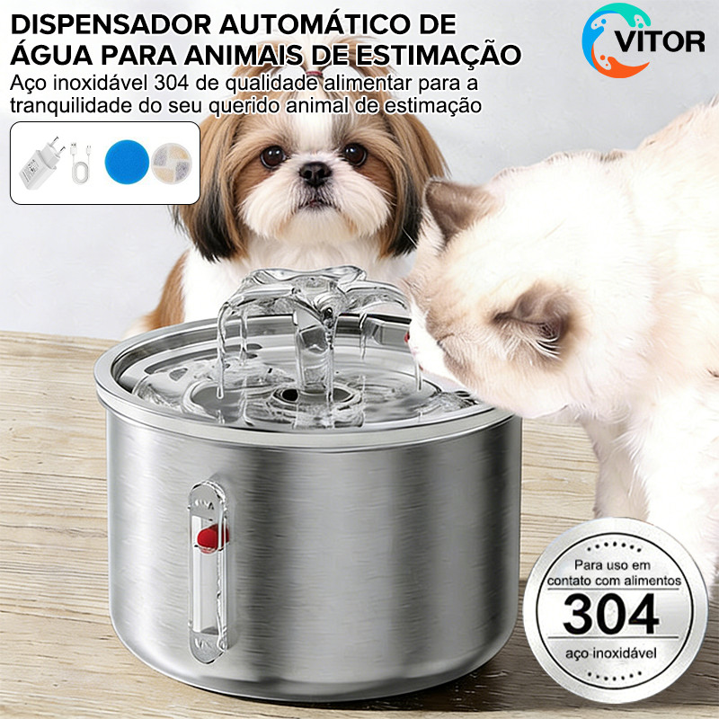 Fonte de Água Automática para Pets 2L em Aço Inoxidável Silenciosa com Janela de Nível Gatos e Cães Vitor