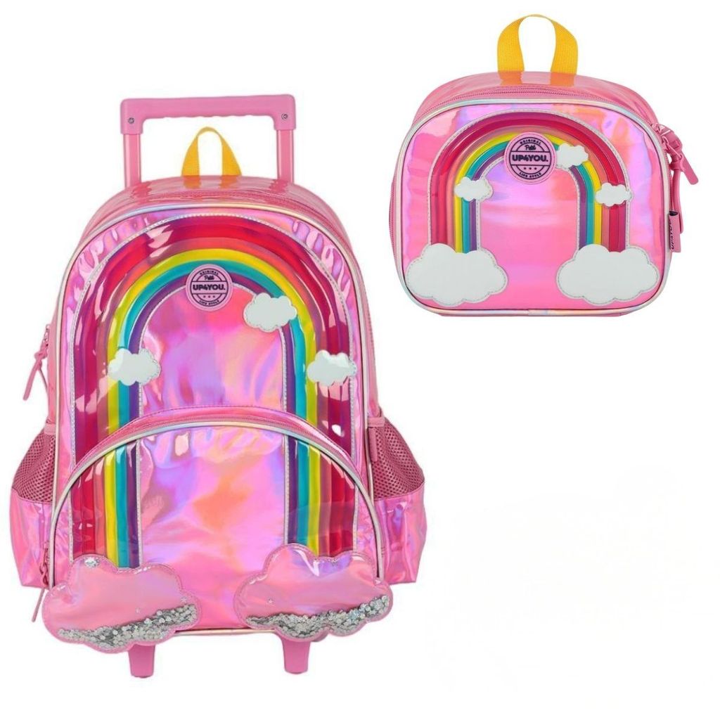Kit Mochila Rodinhas Lancheira Holográfica Up4you Arco íris Infantil Rosa Luxcel