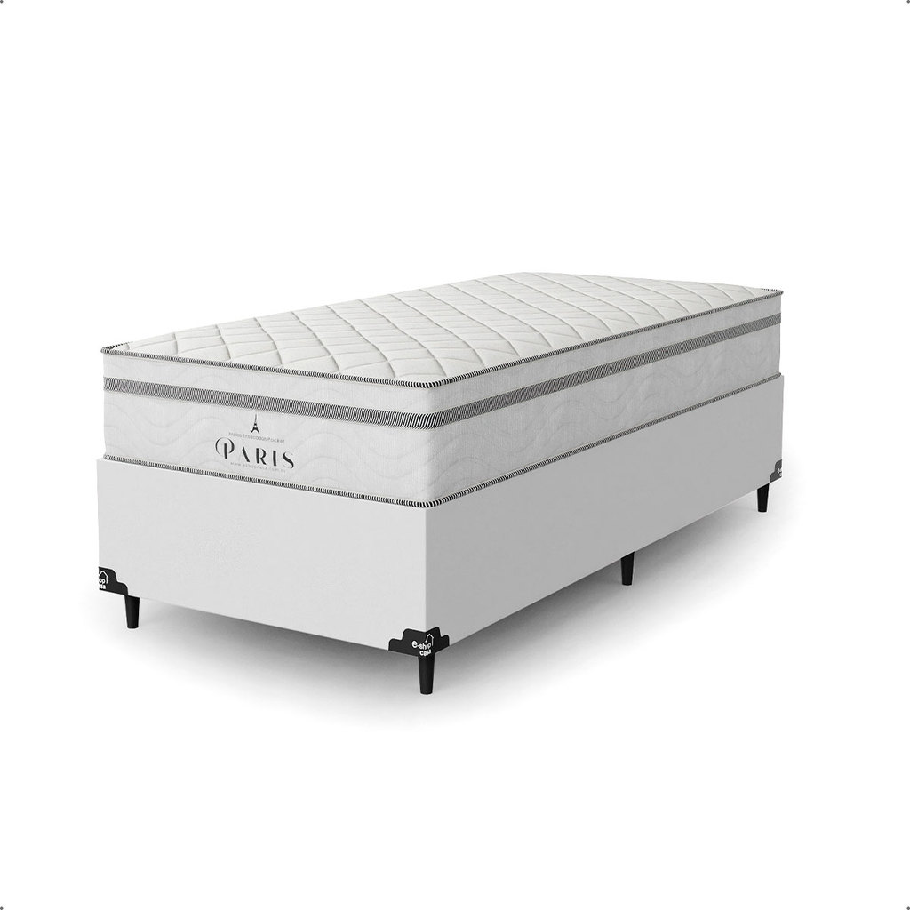 Cama Box Solteiro + Colchão Paris Molas Ensacadas - Branco - e-Shop Casa