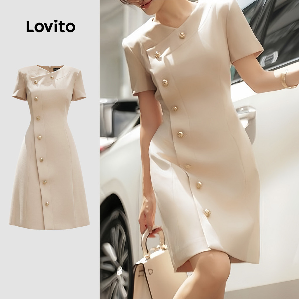 (Elegante) Lovito Vestido com botão primavera/verão vestido cáqui claro para mul