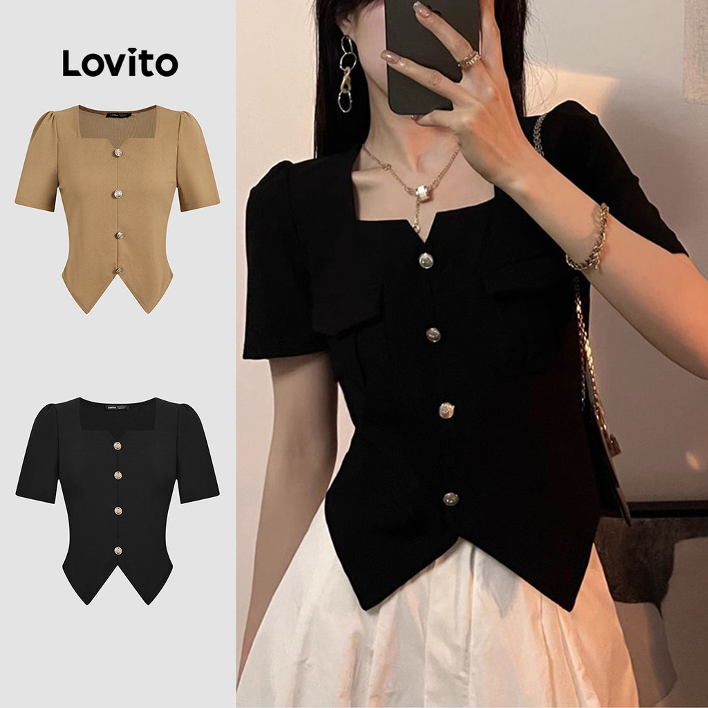 Lovito Blusa Elegante De Verão Com Botão De Metal Liso Dividido Na Frente Para Mulheres L121MD620 em Oferta na Shopee