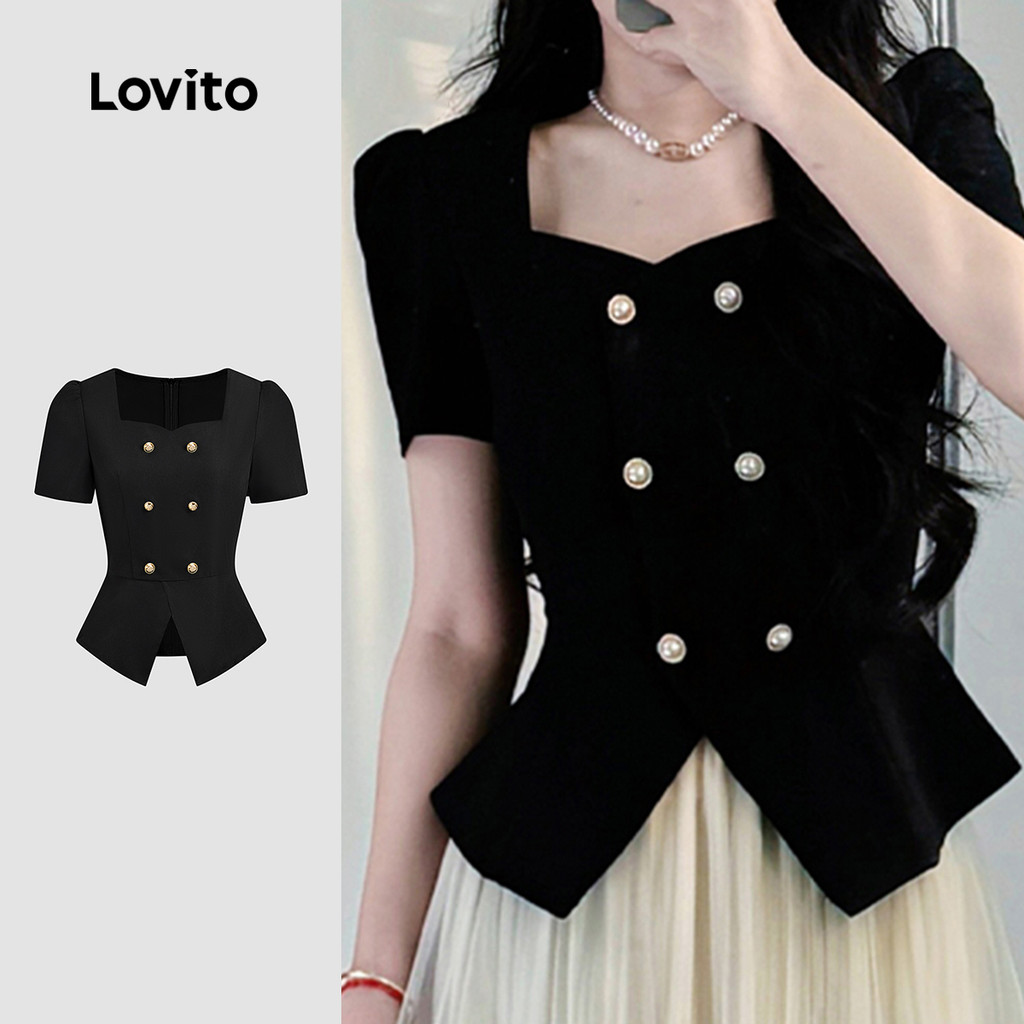 Lovito Blusa Elegante Lisa Com Botão Duplo Dividido Frontal De Metal Primavera/Verão Preta Para Mulheres L135A2D196 em Oferta na Shopee