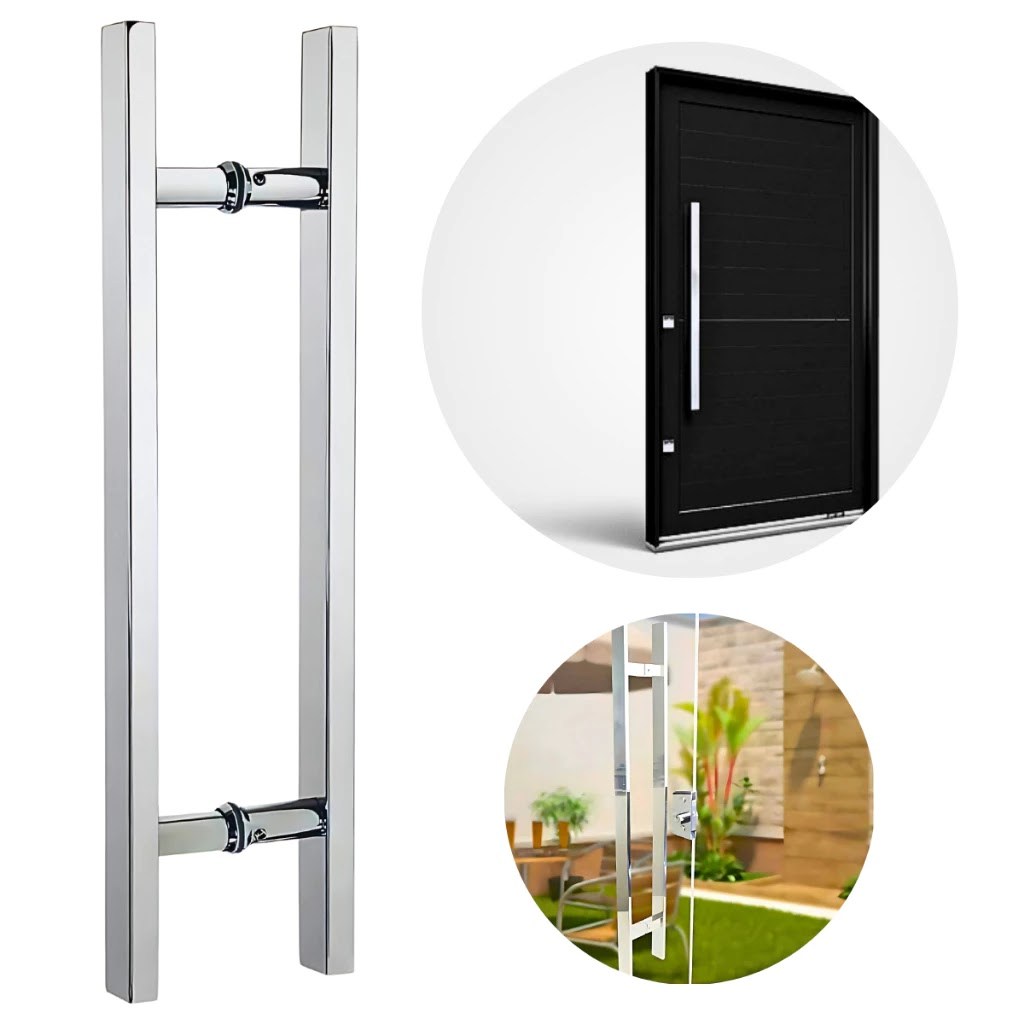 Puxador Elegante Duplo Quadrado Alumínio Polido Para Portas Pivotante Madeira/Vidro (30cm; 40cm; 50cm; 60cm)