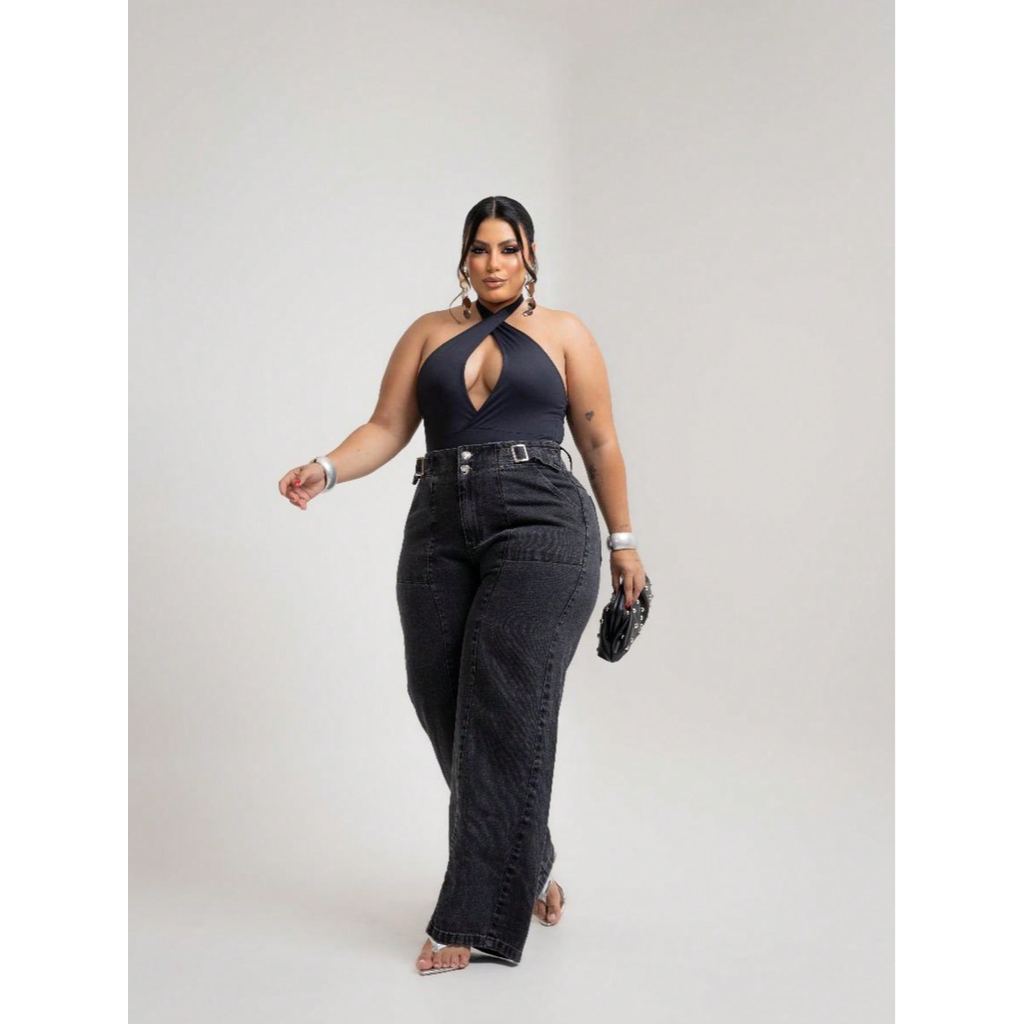 Calça Widleg Plus Size Cintura Alta Feminino  Preta Bolso Faca  elegante  Casual  Sensual  Bolso  Botão