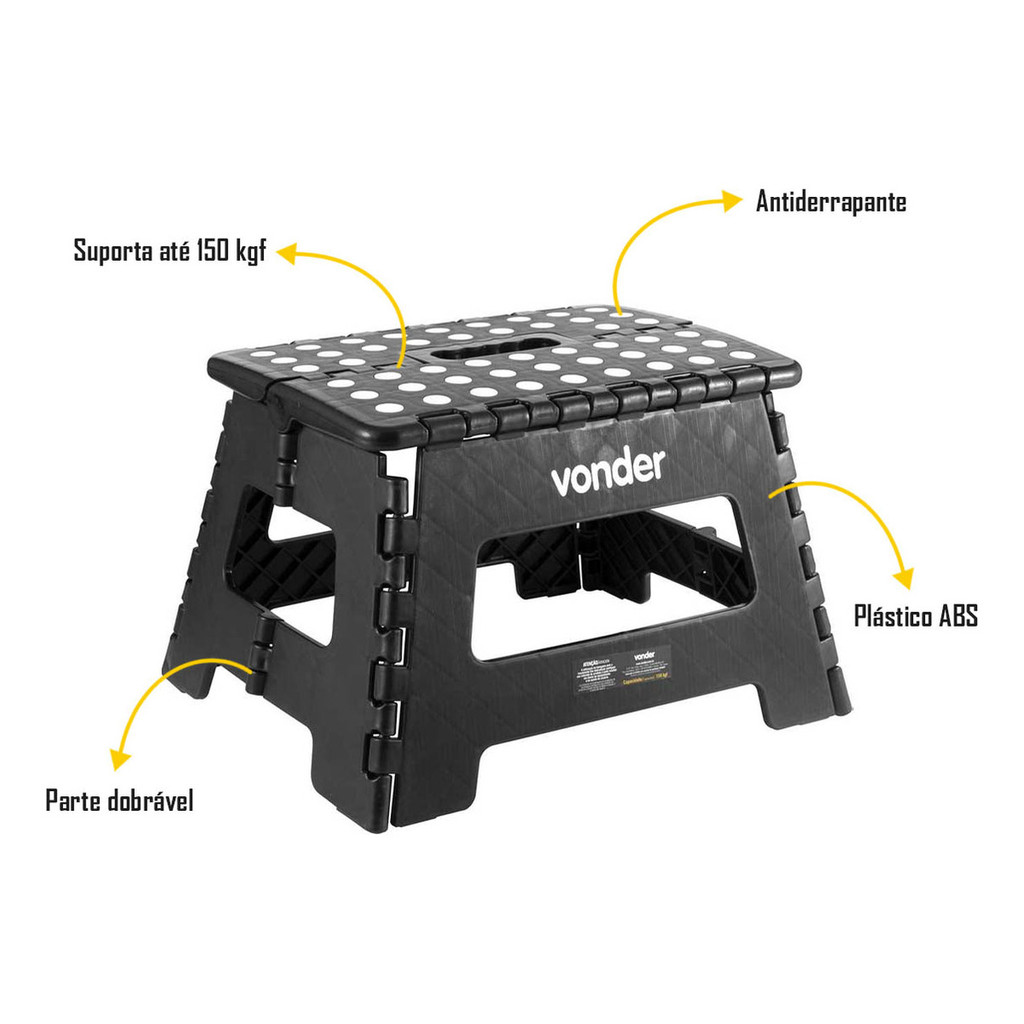 Banqueta Plástica Multiuso dobrável 22cm capacidade 150kg Vonder Preto · foto 2