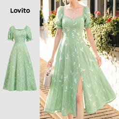 Lovito Elegante Vestido com Zíper e Babados Primavera/verão Longo Floral Verde para Mulheres LBL32073