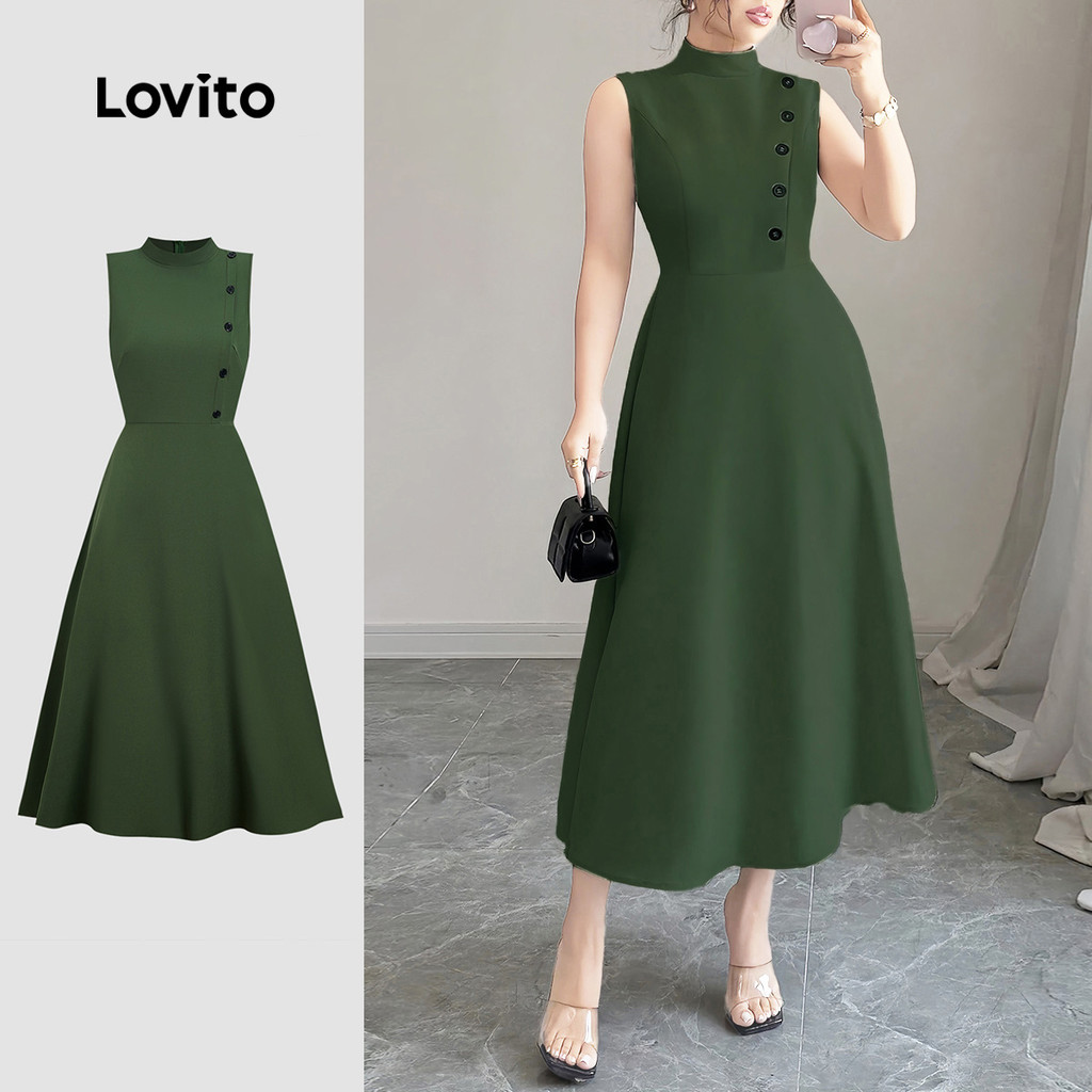 Lovito  Vestido Verde Primavera/verão Clássico e Versátil com Botões Na Frente e Zíper para mulheres LBL33004 em Oferta na Shopee