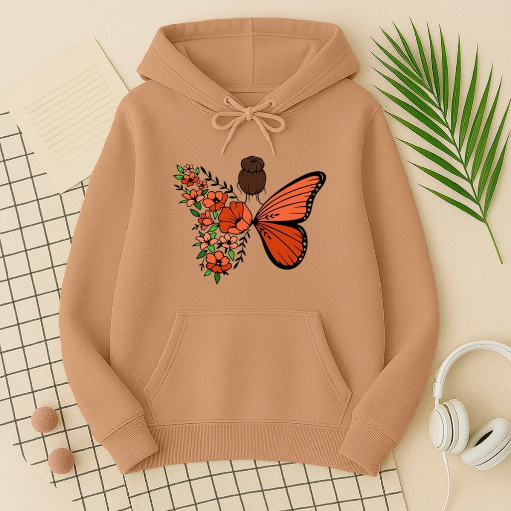 Moletom Feminino Estampado Borboleta com Flores Algodão 30.1 Flanelado