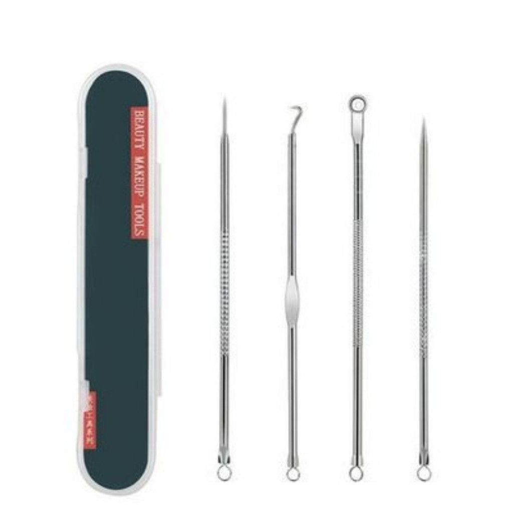 Kit Removedor e extrator de Acne e Cravos profissional. 4 ferramentas ponta dupla de alta precisão.