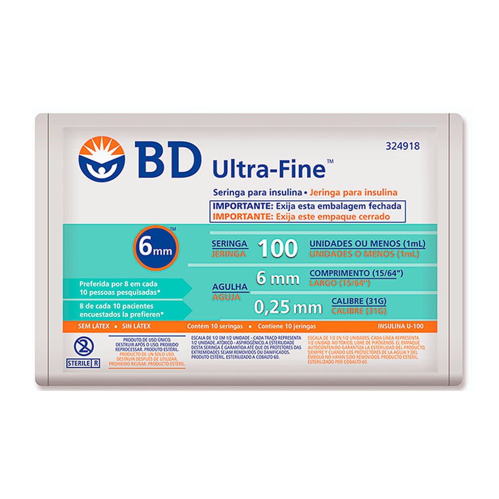 Seringa BD Ultra-Fine Insulina 100U Agulha Curta 6mm com 10 Unidades em Oferta na Shopee