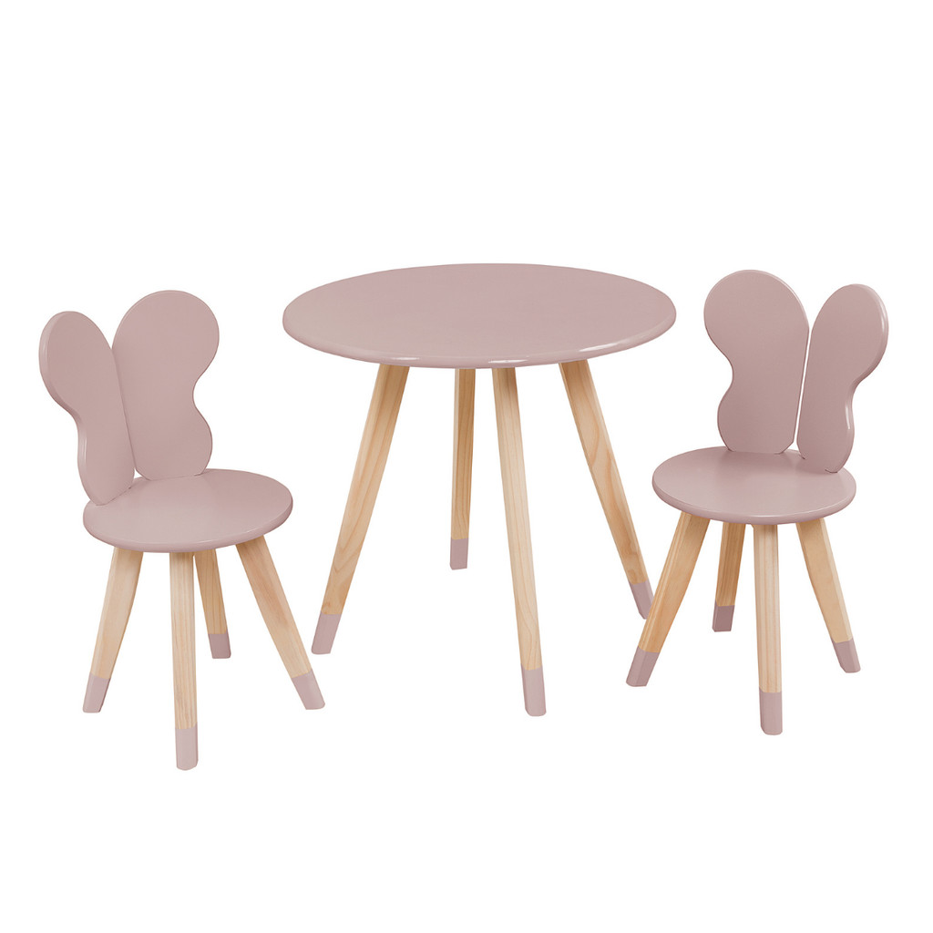 Kit 2 Cadeiras Asas Borboleta Infantil + Mesa Redonda Quarto Sala Brinquedo Criança Menina Decoração