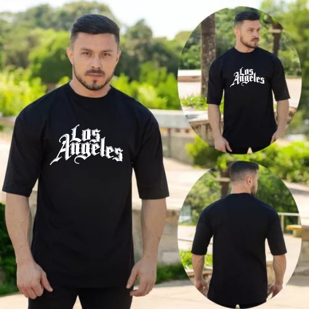 Camiseta Oversized Masculina Algodão Premium Los Angeles Streetwear Academia Treino Casual Tendência