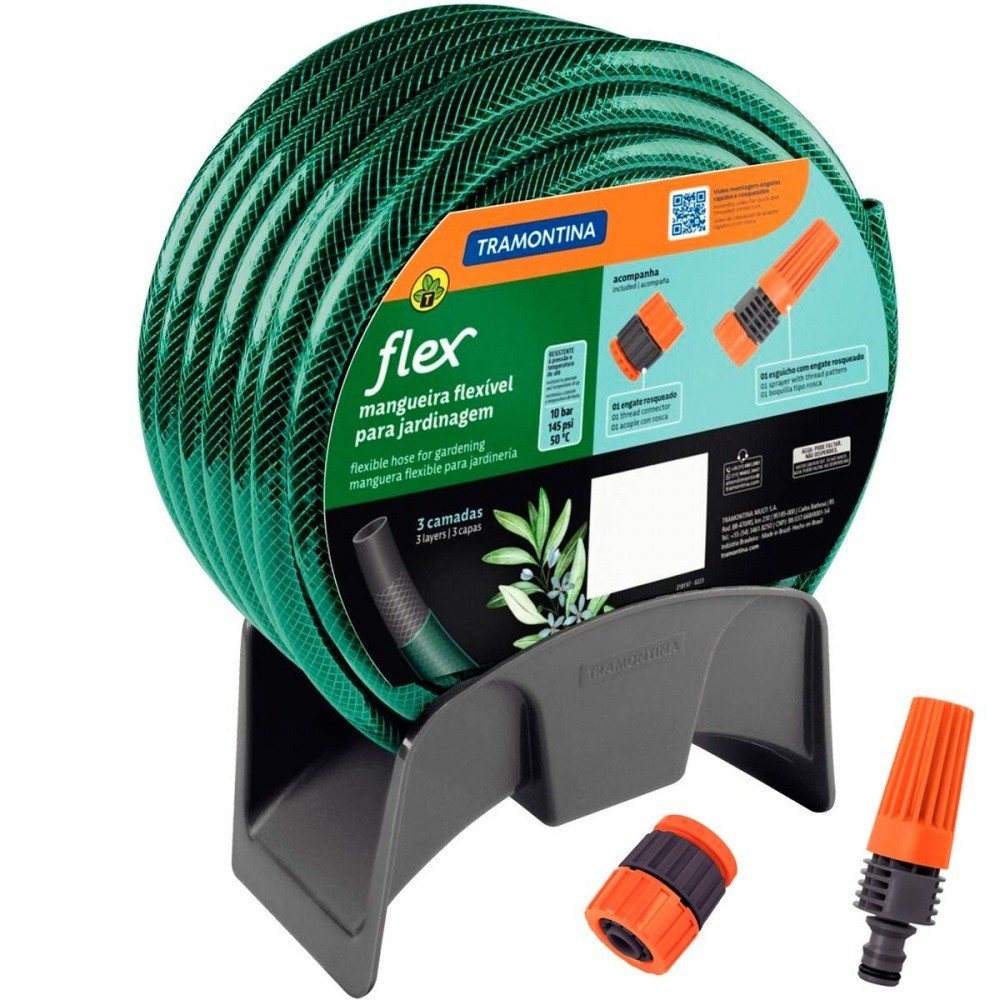 Mangueira para jardim 25 m com engates e suporte verde - Tramontina em Oferta na Shopee