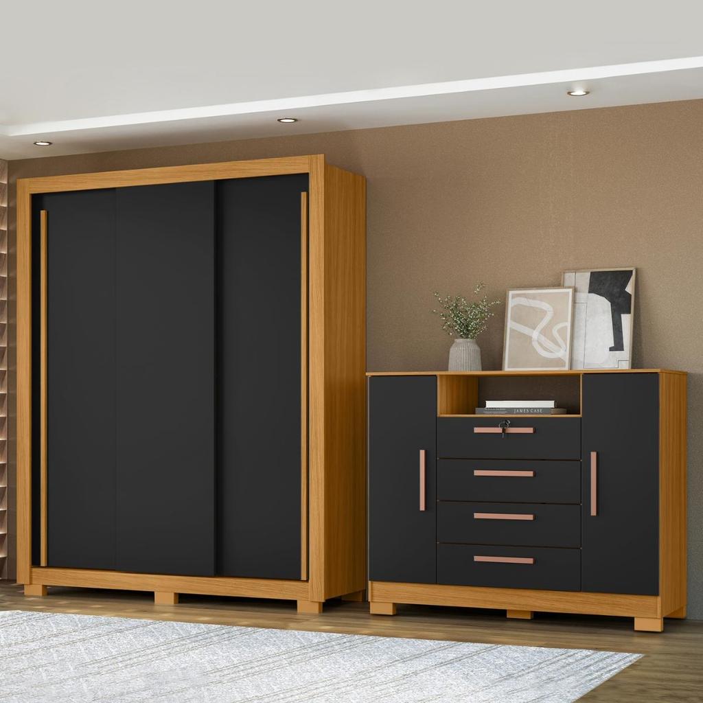 Kit Guarda Roupa 3 Portas de Correr com Cômoda Rack com Chave Quarto Completo Moderno