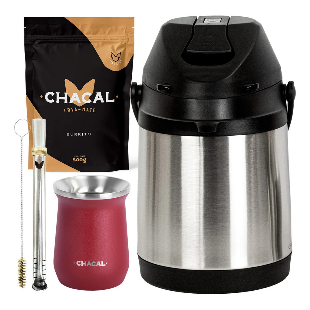 Kit Tereré Chacal Copo Vermelho Bomba Garrafa Térmica Inox 2.5l E Erva
