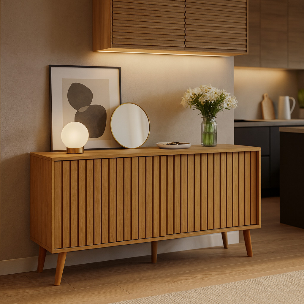 Aparador Buffet 160cm Porta Correr Madeira Ripado Tampo MDF Sala Cantinho Café Trancoso Hall Entrada