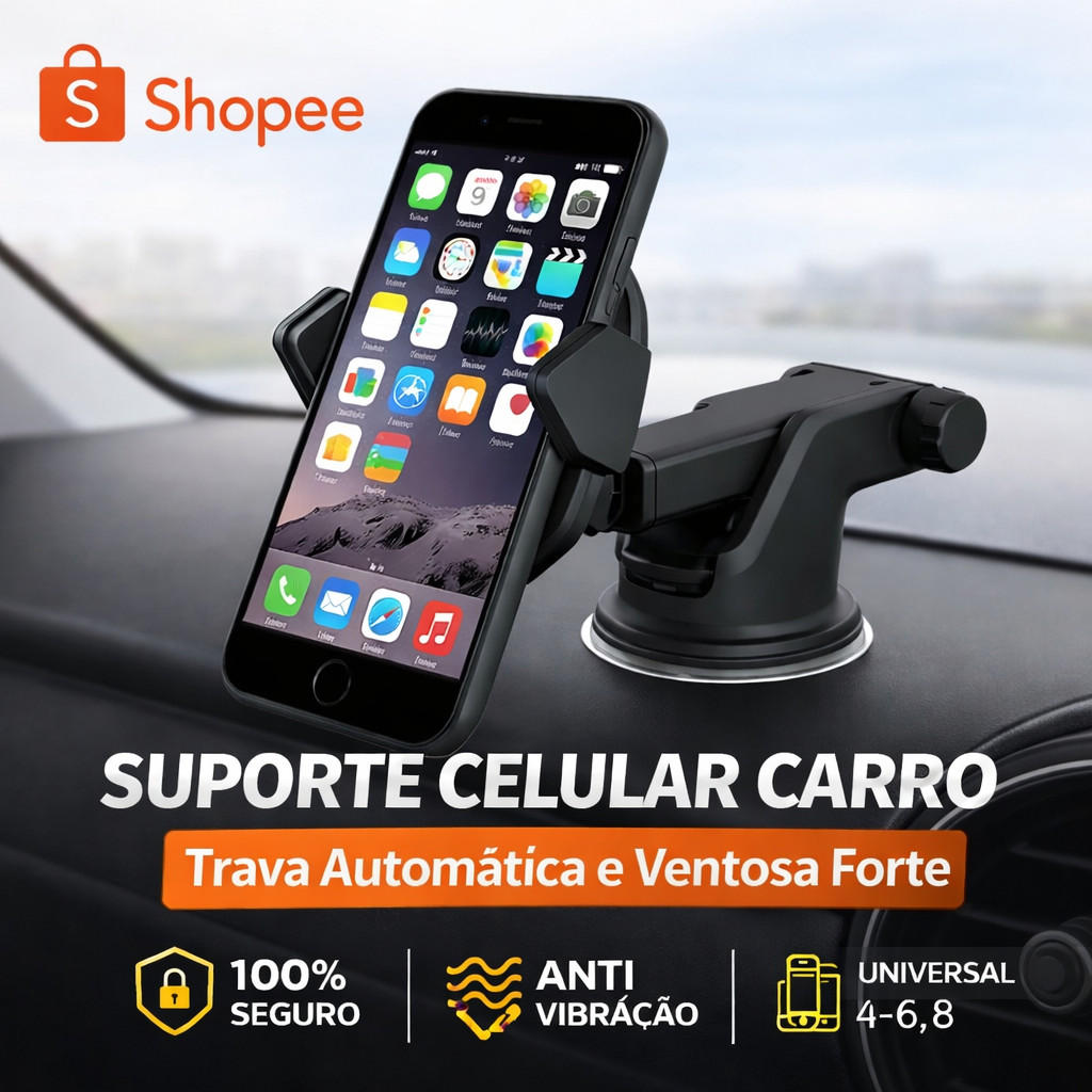 Suporte Celular Carro com Trava Automática Anti Queda – Veicular Ajustável 360° Universal