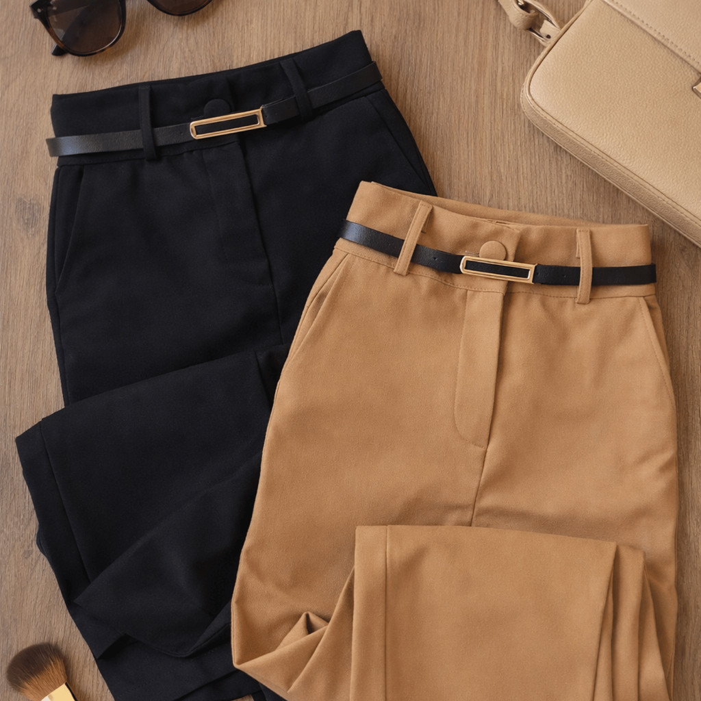 Kit 2 Calça Pantalona Alfaiataria Premium Com Bolso PROMOÇÃO Feminina Com Cinto Cintura Alta